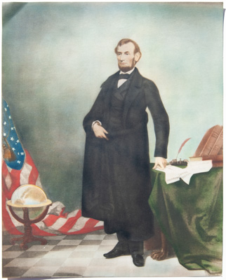 [Abraham Lincoln standing, flag, globe desk with constitution]